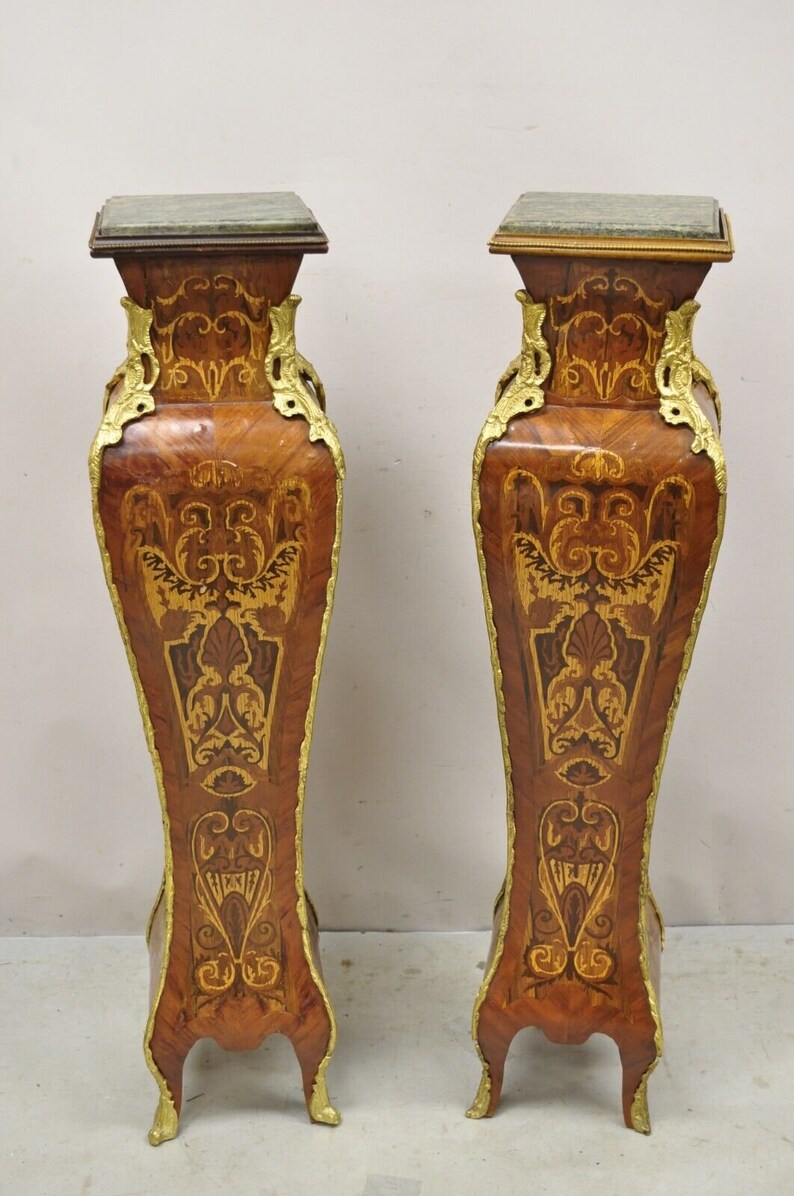 Vintage French Louis XV Style Marble Top Marquetry Inlay Bombe Pedestals a Pair image 2