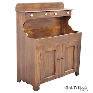Antique American Colonial Primitive Pine Wood Stepback Drysink Hutch Cupboard