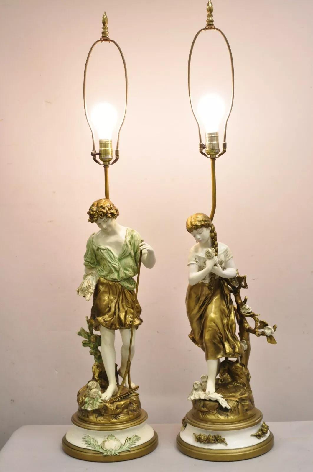 Vintage French Renaissance Moreau Metal Boy and Girl Figural Table