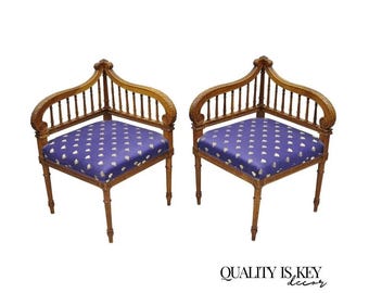 Antique French Louis XVI Style Carved Walnut Lyre Harp Corner Lounge Chair Pair