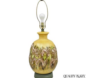 Mid Century Modern Large Volcanic Glazed Pottery Yellow & Green Table Lamp