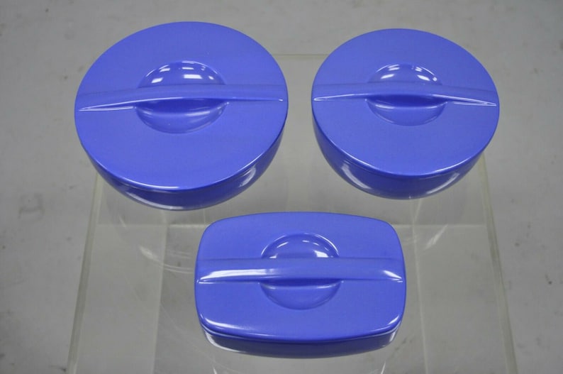 3 Pc Art Deco The Hall China Co Montgomery Ward Blue Porcelain Refrigerator Dish