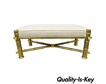 Vintage Gold Faux Bamboo Chinese Chippendale Style Upholstered X-Frame Bench