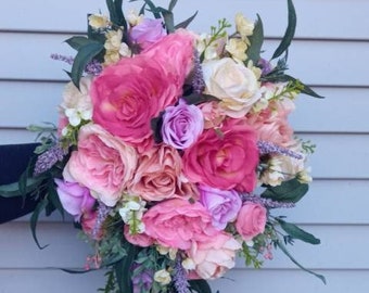 Coral, violet, tropical, yellow, Wedding Bouquet, Silk Bouquet, Boho Bouquet, Beach Bouquet, Destination, Brides Bouquet, Wedding Bouquet