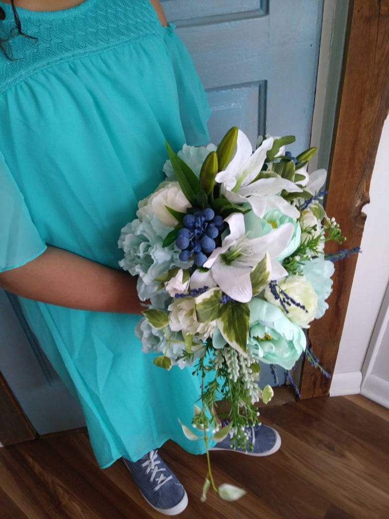 Woodland Wedding Bouquet Cascade Bouquet Navy Mint Bridal Bouquets Artificial Wedding Bouquet Silk Flower Bouqet Wedding Flowers