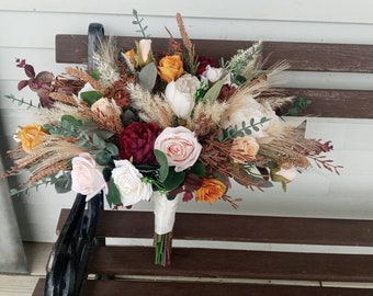 Boho Wedding Flowers, Greenery, Neutral,Rust,Burgundy,Mustard, Pampas, Natural, Bridesmaids Bouquets, Flowers, Blush, Rustic, Bridal bouquet