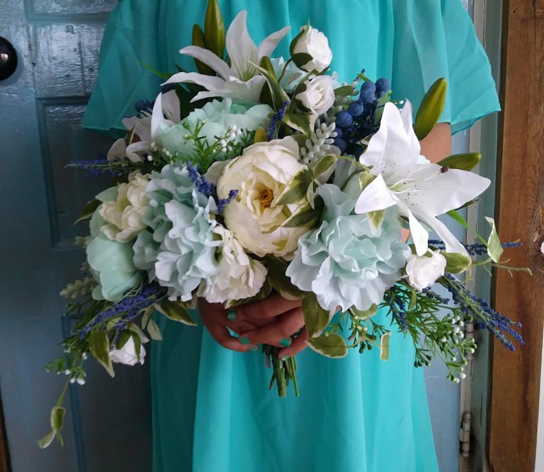 Woodland Wedding Bouquet Cascade Bouquet Navy Mint Bridal Bouquets Artificial Wedding Bouquet Silk Flower Bouqet Wedding Flowers