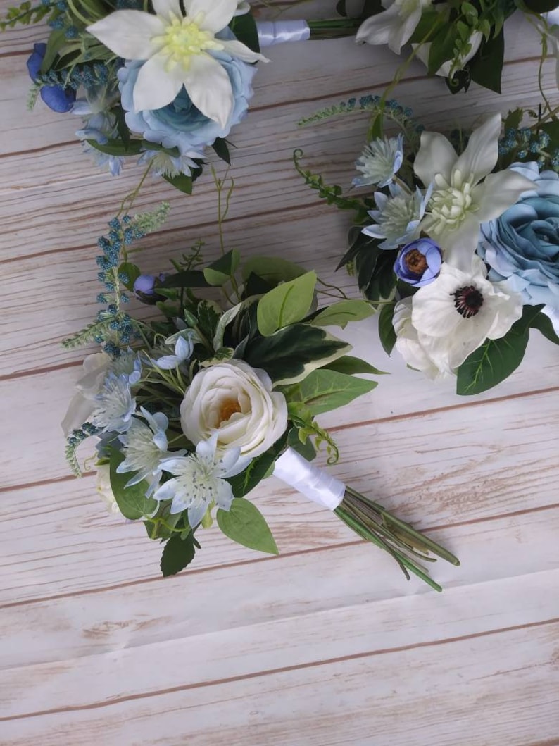 Bridesmaids Bouquets Silk Flower Bouquet,Blue,Navy,Steel Blue Ivory,White Wedding Flowers Wedding Bouquet Artificial Wedding Bouquet