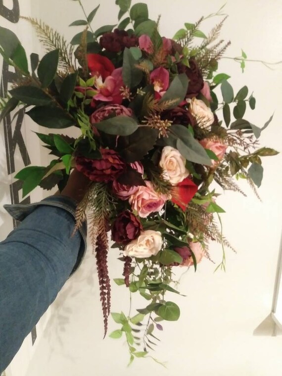 Bouquet De Mariée Bohème Fleurs De Mariage Boho Soie Mariage Fleur Cascade Rose Blush Mûrier Bourgogne Rustique Woodland Sauvage Moody