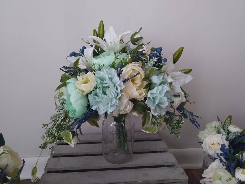 Woodland Wedding Bouquet Cascade Bouquet Navy Mint Bridal Bouquets Artificial Wedding Bouquet Silk Flower Bouqet Wedding Flowers