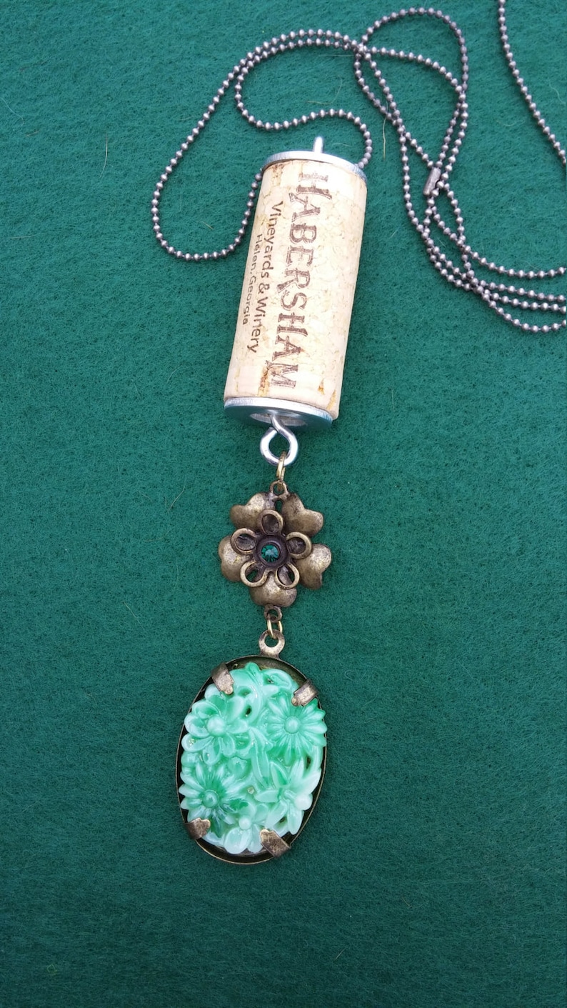 Wine Cork Necklace With Green Victorian Flower Charm Etsy