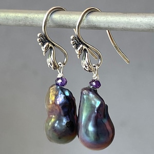 Long Peacock Pearls - Flame Ball Earring - Sterling Silver Bird - Purple Violet Blue