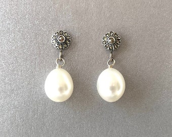 Pearl Marcasite Post - Large Teardrops - Marcasite Studs - Sterling Flowers - Classic Pearl Drops - June Birthstone - Bridesmaid Gift