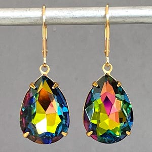 Crystal Drop Earring - Long Bicolor Vitrail - Ruby Garnet Emerald - Green Gold Blue