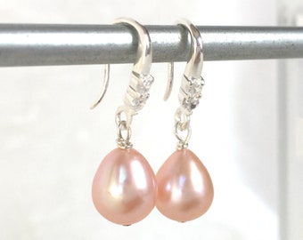 Large Blush Pearls - Cubic Zirconia - Big Pearl Solitaire - Dainty Simple Basic - Pale Pink