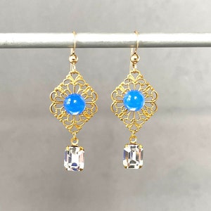 Vintage Filigree Blue Opal Glass Clear Crystal Vintage Octagon Pierced Delicate Lacy Lightweight Statement Earring image 2