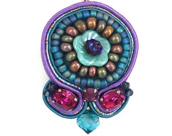Flower Medallion - Floral Soutache - Teal Ruby Violet - Large Statement - Hand Embroidered - Turquoise Aqua - Crystal Bead Bijoux