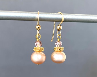 Small Blush Pearls - Round Pearls Pink - Champagne Blush - Dainty Delicate - Minimalist Pearl - Pale Pink Mauve - Crystal Gold - High Luster