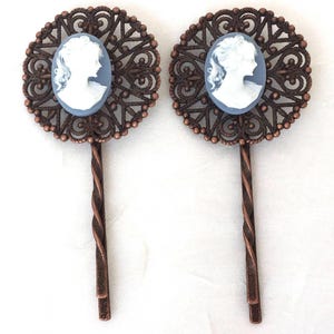 Cameo Bobby Pins - Copper Barrette Set - Vintage Wedge Wood - Blue Steampunk - Victorian Hairpins - Antique Hair Jewelry - Large Round