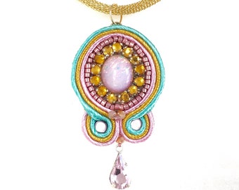 Vintage Opal Glass - Soutache Medallion - Ready to Ship Gift - Big Pink Opal - October Birthstone - Turquoise
