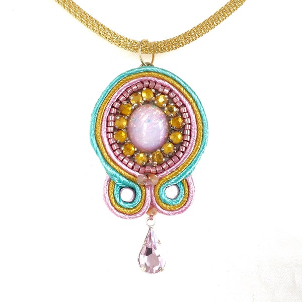 Vintage Opal Glass - Soutache Medallion - Opal Pendant - Big Pink Opal - October Birthstone - Turquoise Layered - Large Beaded Bijoux