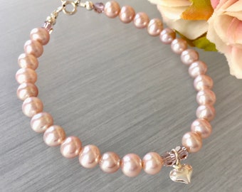 Heart Charm Bracelet - Pink Pearl Bracelet - Flower Girl Bracelet - Pearl Charm Bracelet