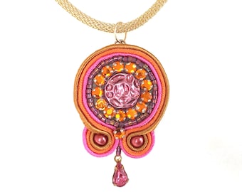Neon Vintage Glass - Soutache Medallion - Ready to Ship Gift - Large Hot Pink - Beaded Bijoux - Vintage Pin Fire