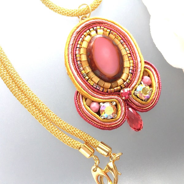 Soutache Pendant - Rose Pink Necklace - Bead Medallion Gold - Embroidered - Large Pink Pendant - Statement Necklace