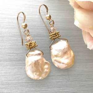 Large Keshi Pearls Natural Shape Baroque Pearl Light Pink Blush Biwa Pearl Earring Champagne Keshis Gold Pearl Earring image 1