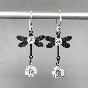 Small Dragonfly Black Dragonflies Crystal Dangle Lightweight Insect Petite Dainty Statement Earrings Butterfly Dangles image 1