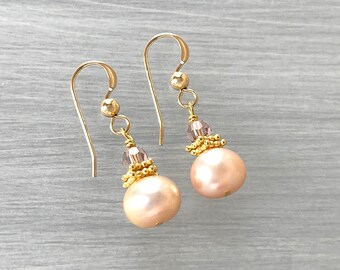 Small Blush Pearls - Round Pearls Pink - Champagne Blush - Dainty Delicate - Minimalist Pearl - Pale Pink Mauve - Crystal Gold - High Luster