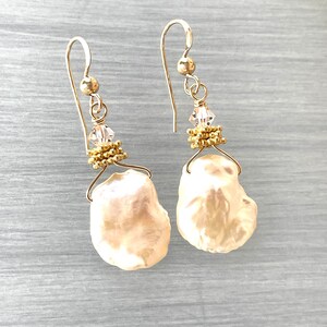 Large Keshi Pearls Natural Shape Baroque Pearl Light Pink Blush Biwa Pearl Earring Champagne Keshis Gold Pearl Earring image 4