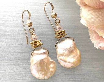 Large Keshi Pearls - Natural Shape - Baroque Pearl - Light Pink Blush - Biwa Pearl Earring - Champagne Keshis - Gold Pearl Earring