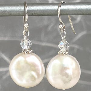 Coin Pearl Earrings - Large 14MM White - Flat Circular Disk - Baroque Freshwater