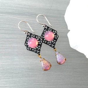 Opal Glass Teardrop Pink Opal Cabochon Vintage Japanese Black Metal Filigree Long Black Rose Pink Opal Stone Vintage Earring image 4