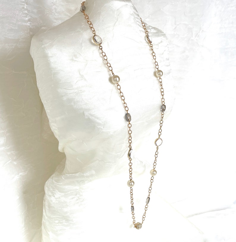 Glass Pearl Chain Long Crystal Station Opera Length Pearls Vintage Cream Pearls Pave Crystal Beaded Bild 2