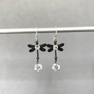 Small Dragonfly Black Dragonflies Crystal Dangle Lightweight Insect Petite Dainty Statement Earrings Butterfly Dangles image 5