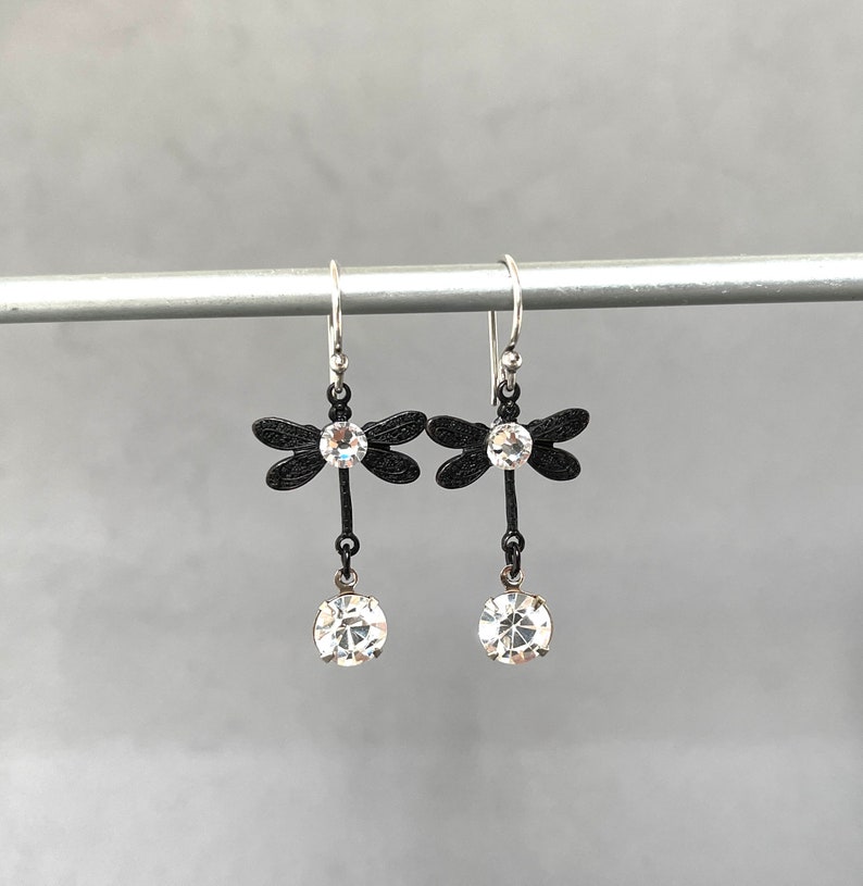 Small Dragonfly Black Dragonflies Crystal Dangle Lightweight Insect Petite Dainty Statement Earrings Butterfly Dangles image 5