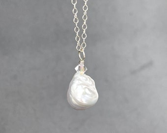 Baroque Pearl Large - Round Keshi Pearl - White Biwa Pendant - 20mm Pearl Solitaire - Natural Shape Pearl - Statement Necklace - June