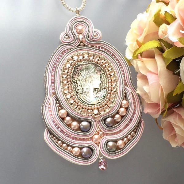 Large Cameo Pendant - Soutache Medallion - Embroidered Pink - Hand Carved Shell - Beaded Bijoux
