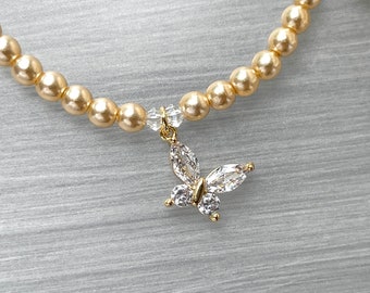CZ Butterfly Pendant - Small Cubic Zirconia - Dainty Pearl Choker - Vintage Glass Pearl - 4MM Japanese - Faux Diamond Pendant