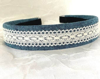 Denim Hairband - Linen Cotton Blend - Navy Chambray - Stonewash Denim - Crocheted Lace - Cream Off White - Back to School - Girl Summer