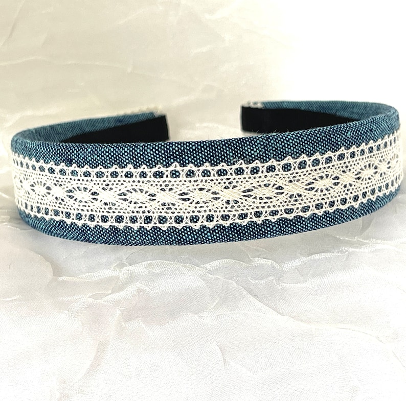 Denim Hairband Linen Cotton Blend Navy Chambray Stonewash Denim Crocheted Lace Cream Off White Back to School Girl Summer image 1