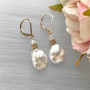 Large Keshi Pearls White Baroque Pearl Iridescent Pearls Flat Asymmetrical Natural Irregular Gold Biwa Pearls Gold Lever Backs image 2