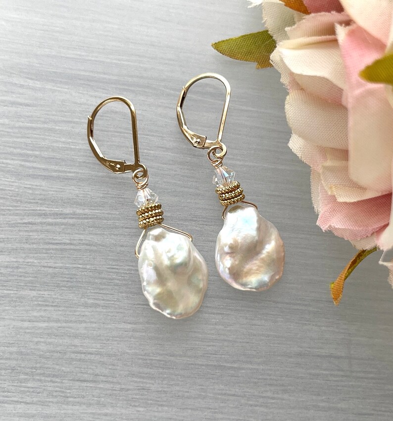 Large Keshi Pearls White Baroque Pearl Iridescent Pearls Flat Asymmetrical Natural Irregular Gold Biwa Pearls Gold Lever Backs image 2