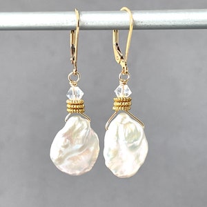 Large Keshi Pearls White Baroque Pearl Iridescent Pearls Flat Asymmetrical Natural Irregular Gold Biwa Pearls Gold Lever Backs image 1