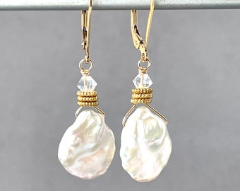 Large Keshi Pearls - White Baroque Pearl - Iridescent Pearls - Flat Asymmetrical - Natural Irregular - Gold Biwa Pearls - Gold Lever Backs