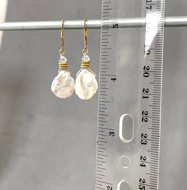 Large Keshi Pearls White Baroque Pearl Iridescent Pearls Flat Asymmetrical Natural Irregular Gold Biwa Pearls Gold Lever Backs image 3