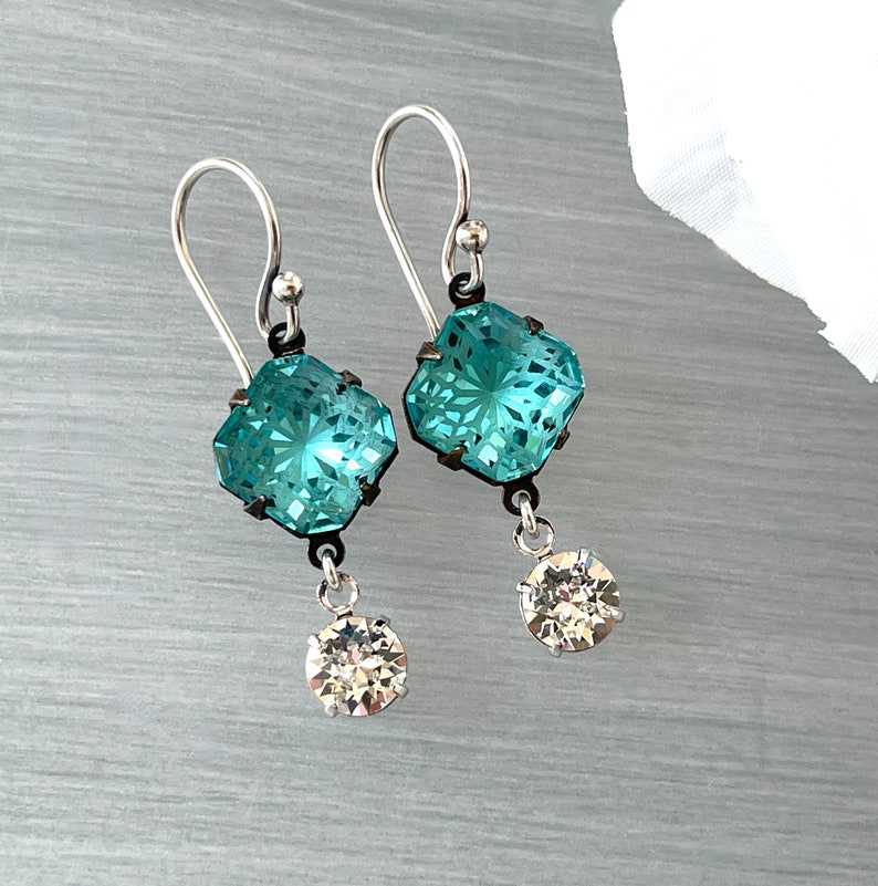 Rare Vintage Crystal Incised Diamond Large Unique Aqua Aquamarine Glass Patterned Glass Laser Cut Crystal Statement Earring image 5