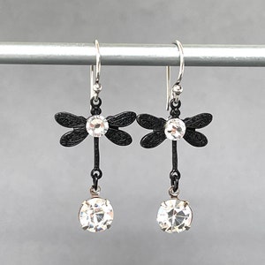 Small Dragonfly Black Dragonflies Crystal Dangle Lightweight Insect Petite Dainty Statement Earrings Butterfly Dangles image 4